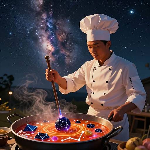 Photograph of a male chef in a white uniform and hat, stirring a large pot with glowing red broth and floating blue orbs under a starry night