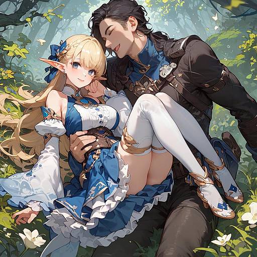 Anime-style digital artwork of a tall, black-haired man in a black suit gently carrying a blonde, blue-eyed elf woman in a frilled blue and