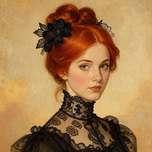 Digital portrait of a fair-skinned, red-haired woman with black lace hair accessory and lace top, against a textured golden background.