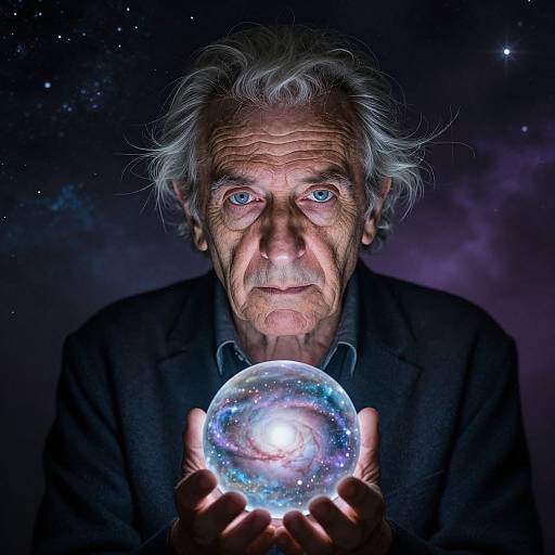 Photorealistic digital art of an elderly man with white hair, blue eyes, and deep wrinkles, holding a glowing, cosmic orb against a starry