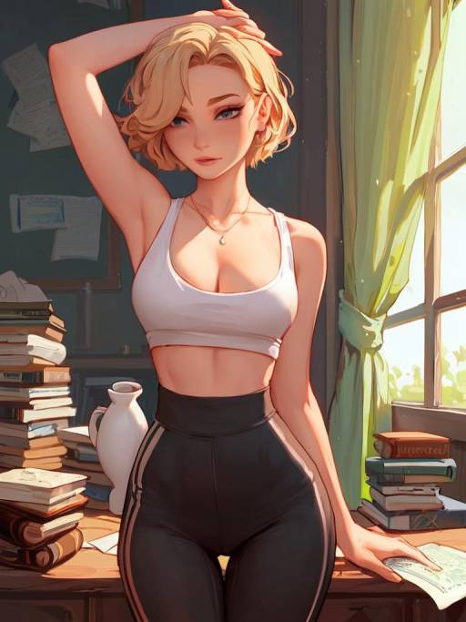 Blonde Girl Indoors with Coffee and Books