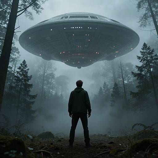 Photograph-style digital artwork: Silhouetted figure in dark jacket and pants stands, gazing up at a massive, glowing UFO hovering above a