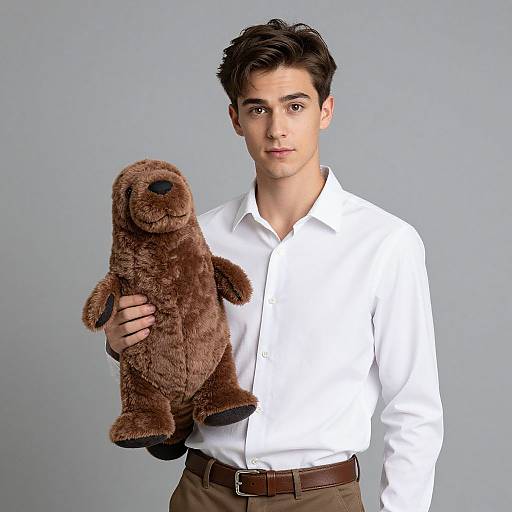 Young man with short dark hair, wearing a white shirt and brown pants, holds a brown plush bear against a gray background. Photorealistic digital portrait