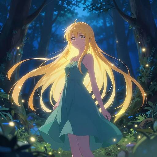 Anime-style digital artwork of a blonde girl with glowing hair in a teal dress, standing in a dark, enchanted forest illuminated by fireflies.