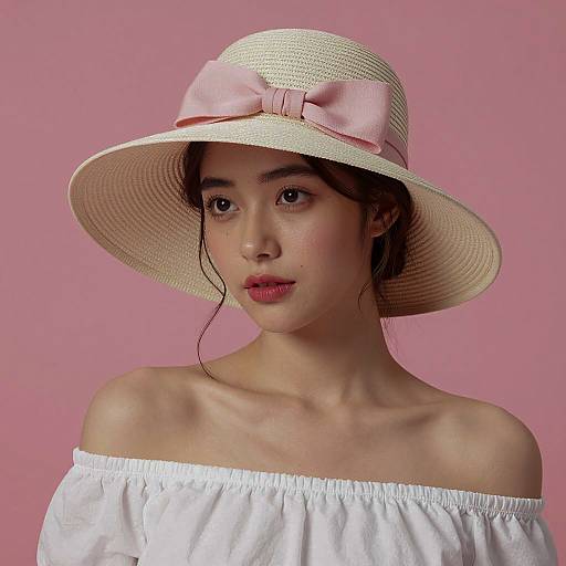 Young Woman in Wide-Brimmed Hat with Pink Bow