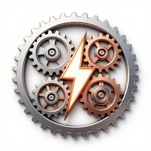 Digital illustration of silver and red gears with a bright orange lightning bolt in the center, symbolizing energy and motion.