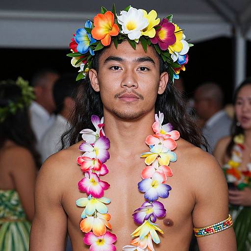Photograph of a shirtless, young Asian man with long black hair, wearing a colorful flower lei and head crown, and a beaded arm band