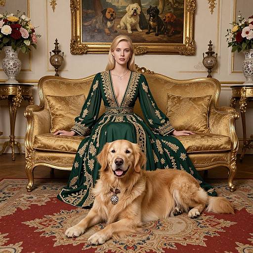 Elegant Blonde in Ornate Gown with Dog