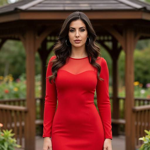 Photograph of a woman with long black hair, wearing a form-fitting red dress, standing in front of a wooden gazebo in a garden.