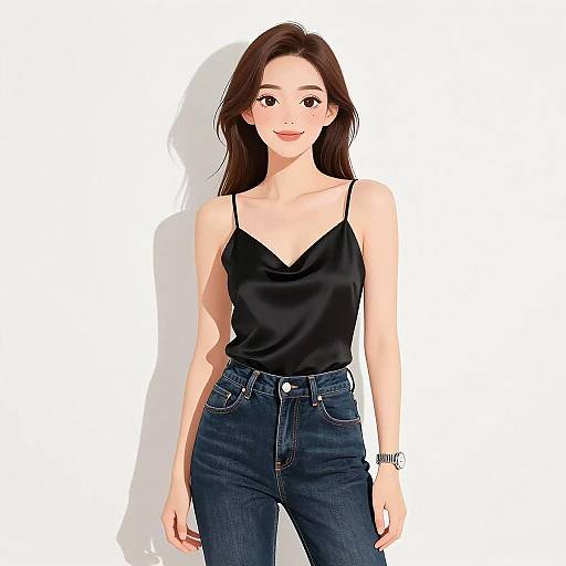 Digital illustration of a smiling Asian woman with long brown hair, wearing a black spaghetti strap top and blue jeans, standing against a plain white background.