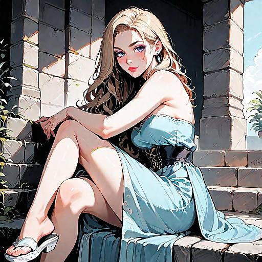Blonde Woman in Blue Strapless Dress Sitting on Stone Steps