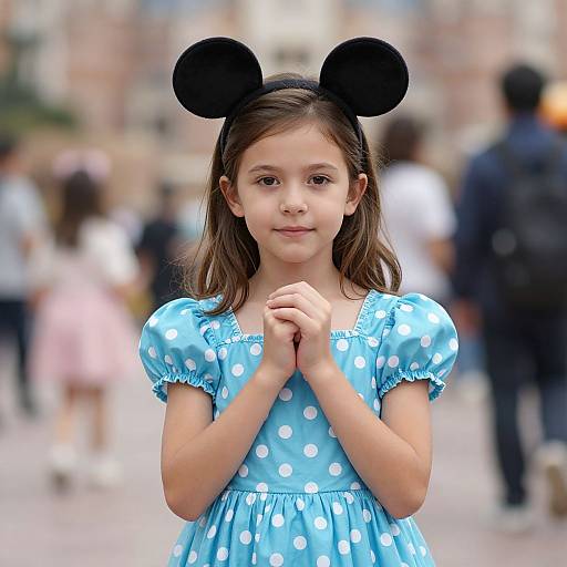 Photograph of a young girl with light brown hair, wearing a blue polka dot dress and black Minnie Mouse ears, standing in a blurred,