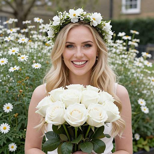 Photograph of a smiling blonde woman with a daisy crown, holding a bouquet of white roses, surrounded by white daisies.