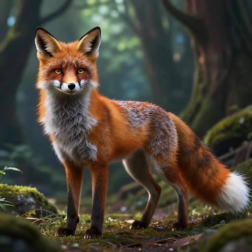 Photorealistic digital artwork of a vibrant red fox with white underbelly and black-tipped ears, standing alert in a misty, moss-covered