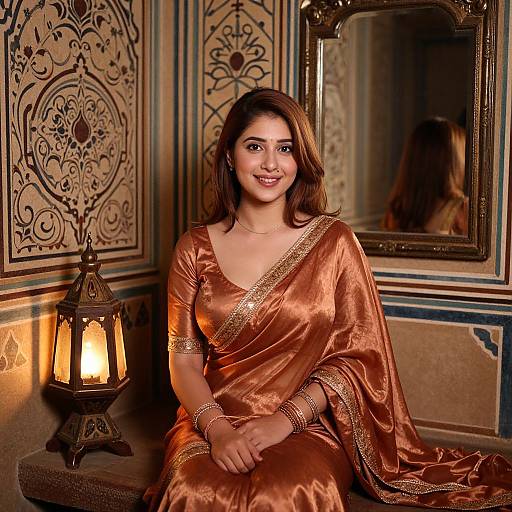 Photograph of a smiling South Asian woman in an orange silk sari with gold trim, seated in an ornately decorated room with a lit lantern and