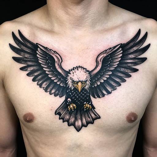Photograph of a shirtless person with a detailed black and gray eagle tattoo spread across the chest, wings extended, and talons gripping below.
