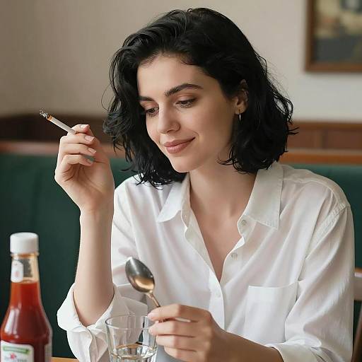 Young Woman Smoking with Spoon and Glass