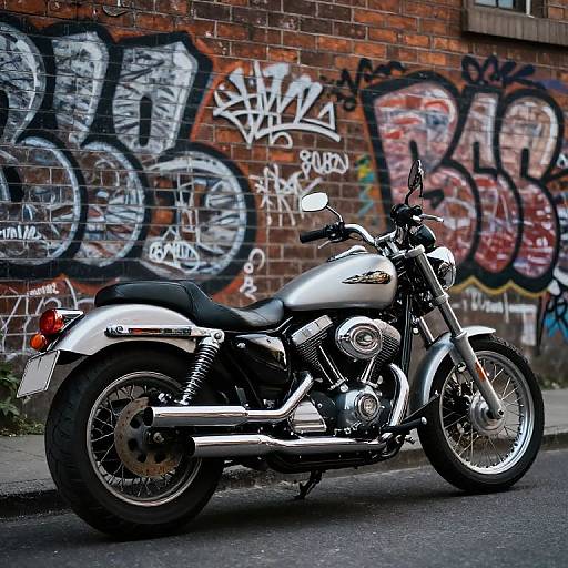 Photograph of a white Harley-Davidson motorcycle parked on a street against a vibrant graffiti-covered brick wall with bold, colorful tags.