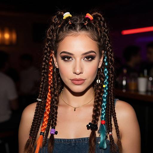 Photograph of a young woman with dark skin, colorful braids, dramatic makeup, wearing a sleeveless dark top, glowing in a dimly lit