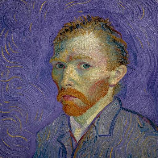 Digital artwork of Vincent van Gogh's self-portrait in vibrant swirls of purple, blue, and yellow, with a focused, bearded face
