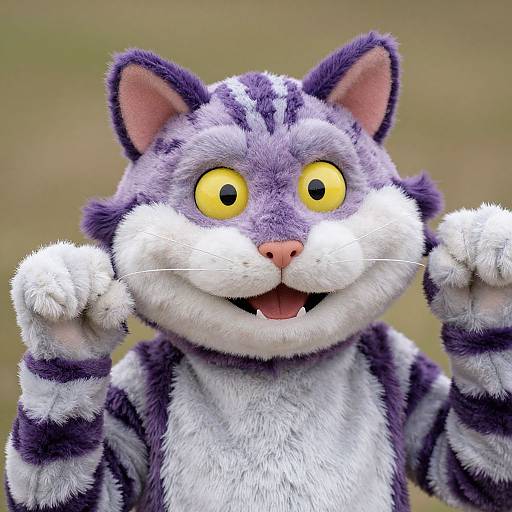 Photograph of a plush, purple-and-white striped cat costume with large, yellow, wide-eyed, and smiling face, holding paws up.