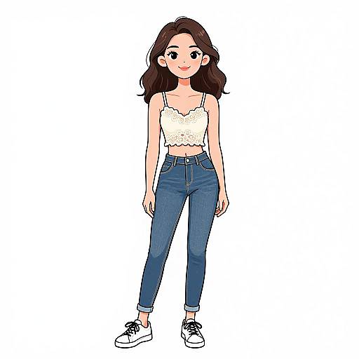 Digital illustration of a young woman with fair skin, long brown hair, wearing a white lace crop top and blue high-waisted jeans, black sneakers