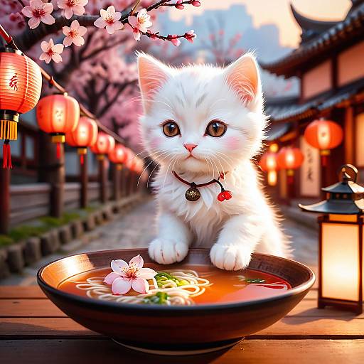 White Kitten with Noodle Soup on Cherry Blossom Street