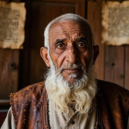 Photograph of an elderly Indian man with a long white beard, deep wrinkles, and brown leather jacket, standing against a wooden backdrop with aged papers.