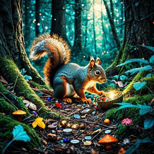 Squirrel Discovering Treasure in Enchanted Forest Squirrel Discovering Treasure in Enchanted Forest