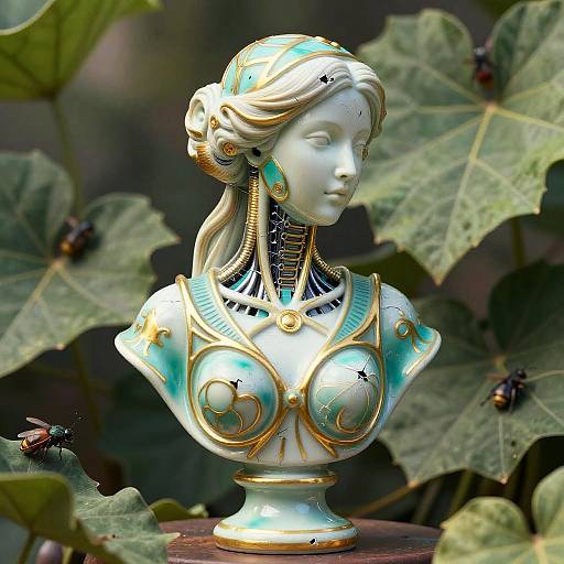 Photograph of a detailed, white ceramic bust with gold and turquoise accents, featuring a robotic neck, set against lush green leaves.