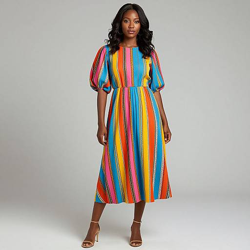 Photograph of a Black woman with long curly hair, wearing a colorful, striped dress with puffed sleeves, and gold sandals, standing against a plain