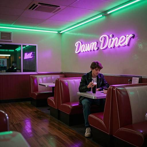 Photograph of a young man in a dark jacket eating at a neon-lit retro diner, with 