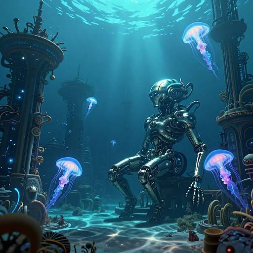 Digital art: Cybernetic alien in glossy black armor crouches amidst underwater ruins, surrounded by glowing blue jellyfish, illuminated by ethereal light