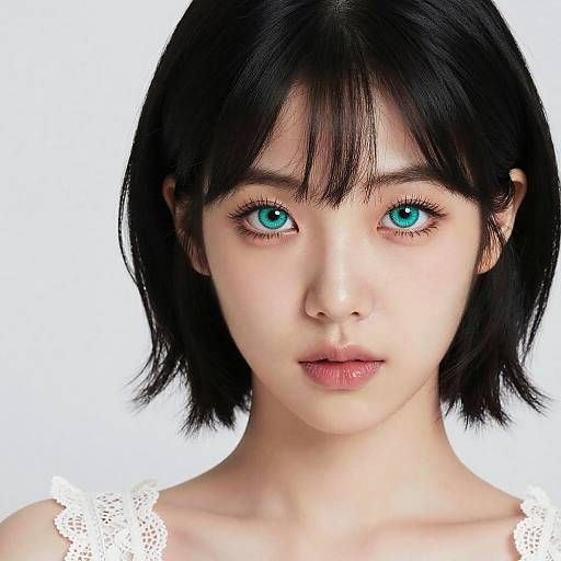 Photorealistic digital portrait of an Asian woman with short black hair, striking blue eyes, fair skin, and white lace shoulders.