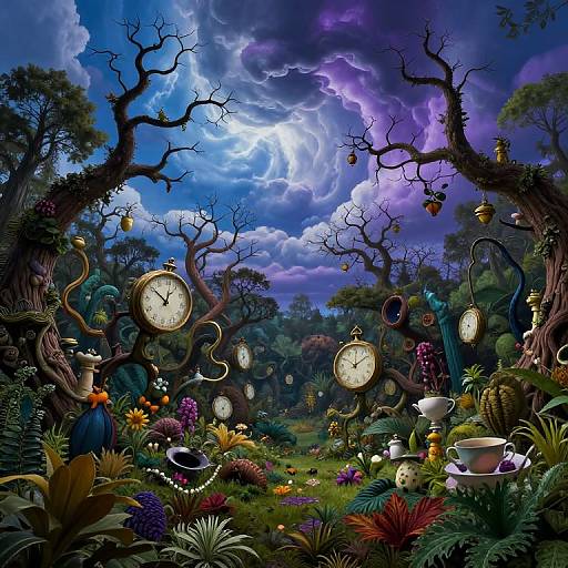 Fantastical digital painting: surreal forest under a stormy, purple-lit sky with floating, ornate clocks, vibrant flowers, teacups