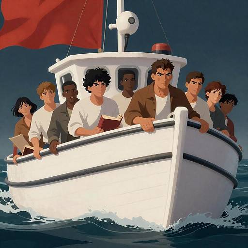 Determined Crew on a Lifeboat at Sea