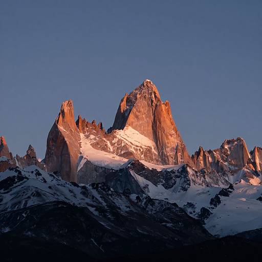 Photograph of a snow-covered mountain peak bathed in warm, orange sunlight, contrasting against a clear, deep blue sky. Jagged rocks and dark