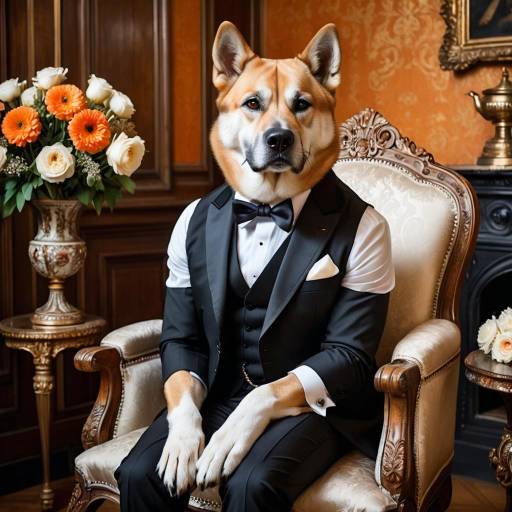 Akita Dog in Formal Suit Sitting in Vintage Chair