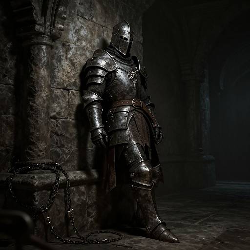 Photograph of a solitary, armored knight in dark, reflective medieval armor, standing in a dimly lit, stone-walled dungeon, with a chain