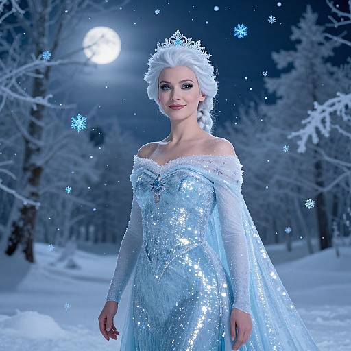 Photorealistic CGI of a smiling, fair-skinned woman with white hair in a snowflake tiara, wearing an off-shoulder, sparkling
