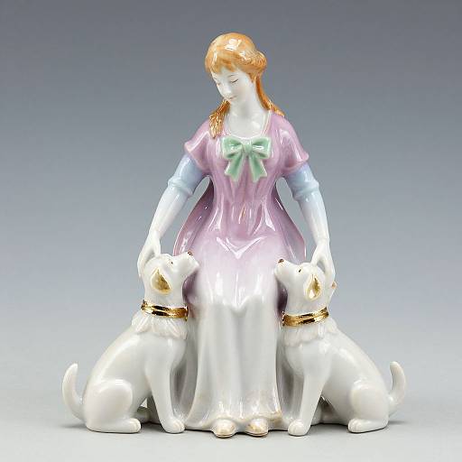 Photograph of a white ceramic sculpture of a woman in a pink dress with green bow, sitting between two white dogs.