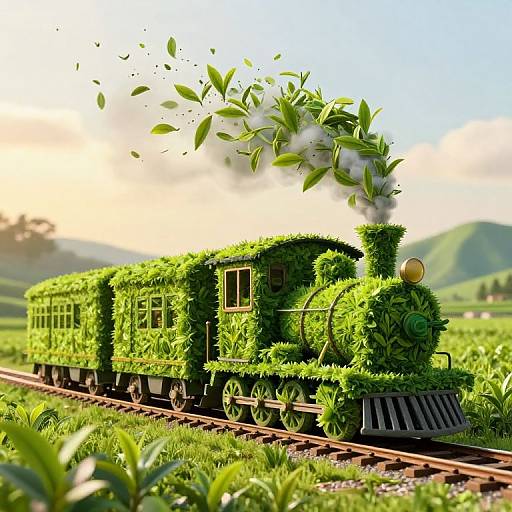 Photorealistic CGI of a green, leaf-covered steam train with foliage smoke, traveling through a sunlit, lush countryside. Leaves float from the chimney