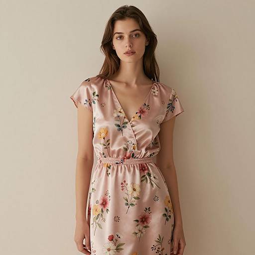 Young Woman in Pink Floral Satin Dress