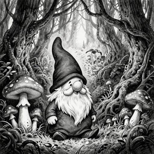 Black-and-white illustration of a whimsical, bearded gnome with a pointed hat, surrounded by large, spotted mushrooms in a dense, enchanted forest.