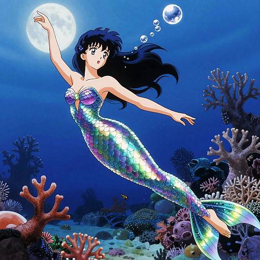 Digital anime-style drawing of a shimmering, iridescent mermaid with long black hair, floating under a bright moon in a vibrant, colorful underwater