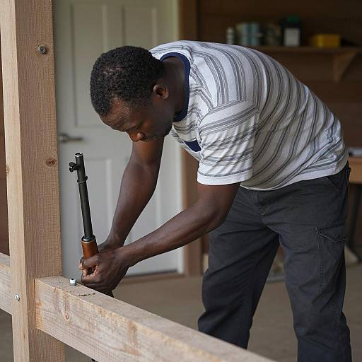 Man Adjusting Rifle in Wooden Structure