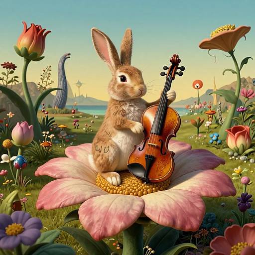 Digital artwork of a cute, brown-furred rabbit playing a violin on a pink flower, surrounded by vibrant, colorful flowers and a serene, sunny landscape