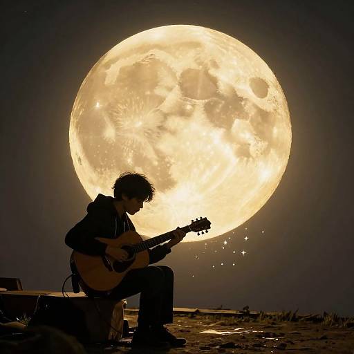 Silhouetted musician playing guitar under a bright, full moon in a dark, starry night sky, with scattered sparks and a desolate landscape