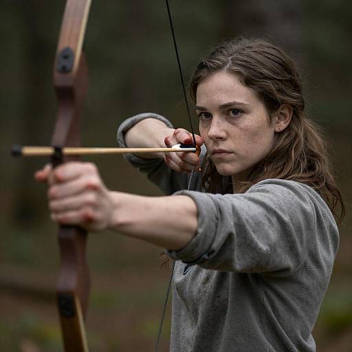 Focused Woman Aiming with Wooden Bow