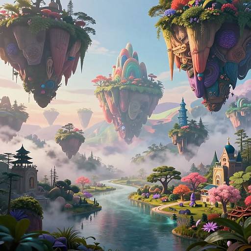 Fantastical CGI landscape with floating, vibrant, plant-covered islands, colorful buildings, misty river, and lush greenery under a bright blue sky